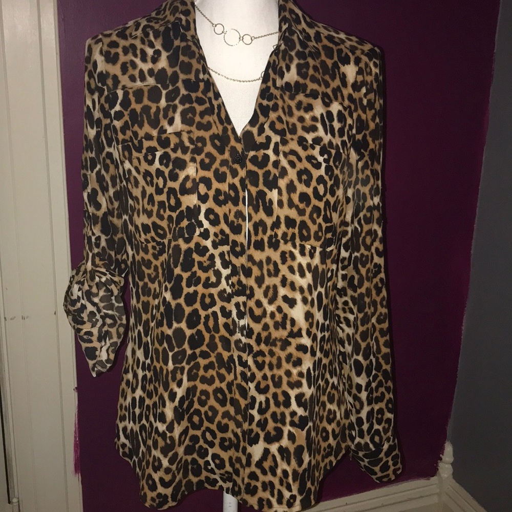 Express button down long sleeved animal print top
